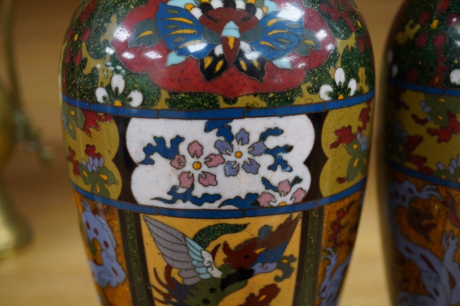 A pair of Japanese cloisonné enamel vases, early 20th century, 30cm high. Condition - one fair to good, one with impact damage